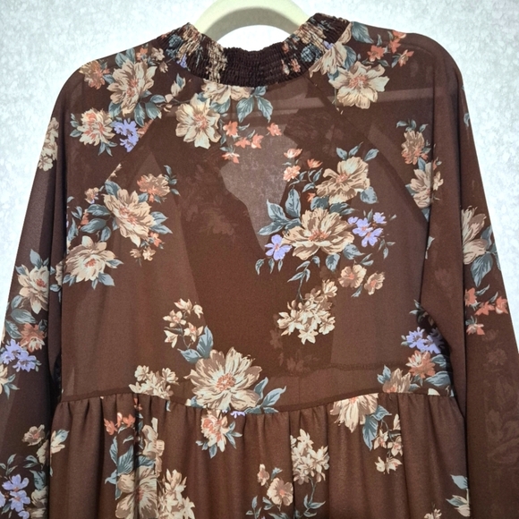 American Eagle Outfitters Brown Cream Tiered Long Sleeve Dress..SIZE:M - Picture 12 of 14